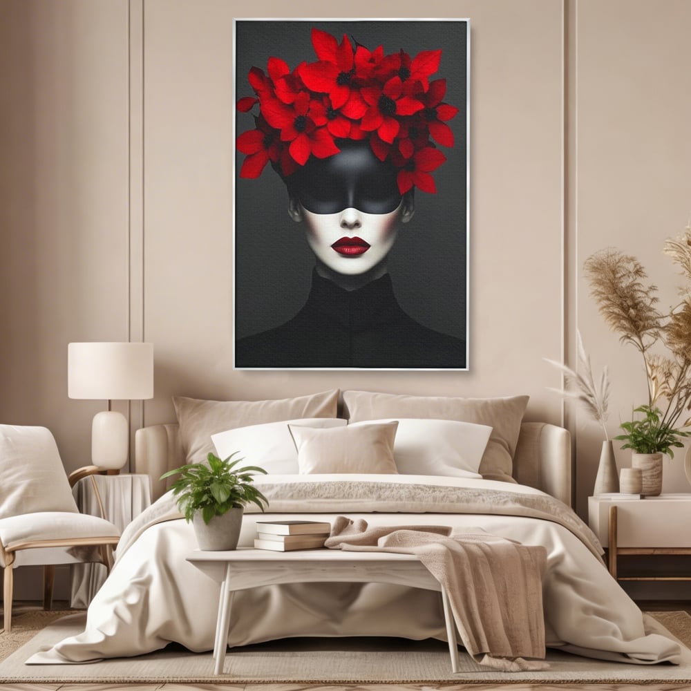 Tablou canvas cu tablou canvas cu femeie mascata si flori rosii, in rama de aluminiu argintiu, pe perete intr-un dormitor